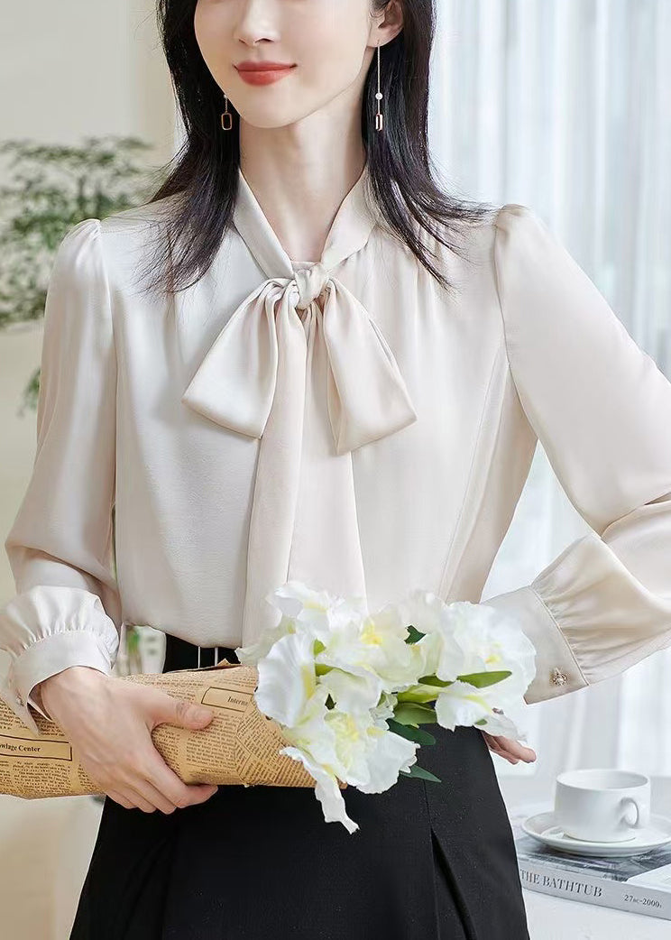 Stylish Apricot Bow Silk Shirts Fall