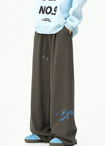 Loose Dark Gray Embroideried Pockets Cotton Wide Leg Pants Spring