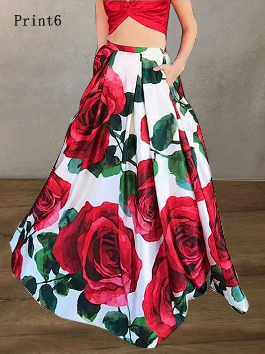 White -red Print High Waist Pockets Print Cotton a Line Skirt Summer