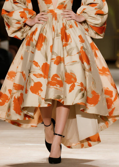 Orange Print Exra Large Hem Vestidos Dresses Lantern Sleeve