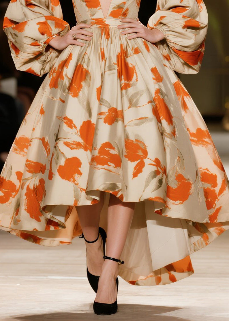 Orange Print Exra Large Hem Vestidos Dresses Lantern Sleeve