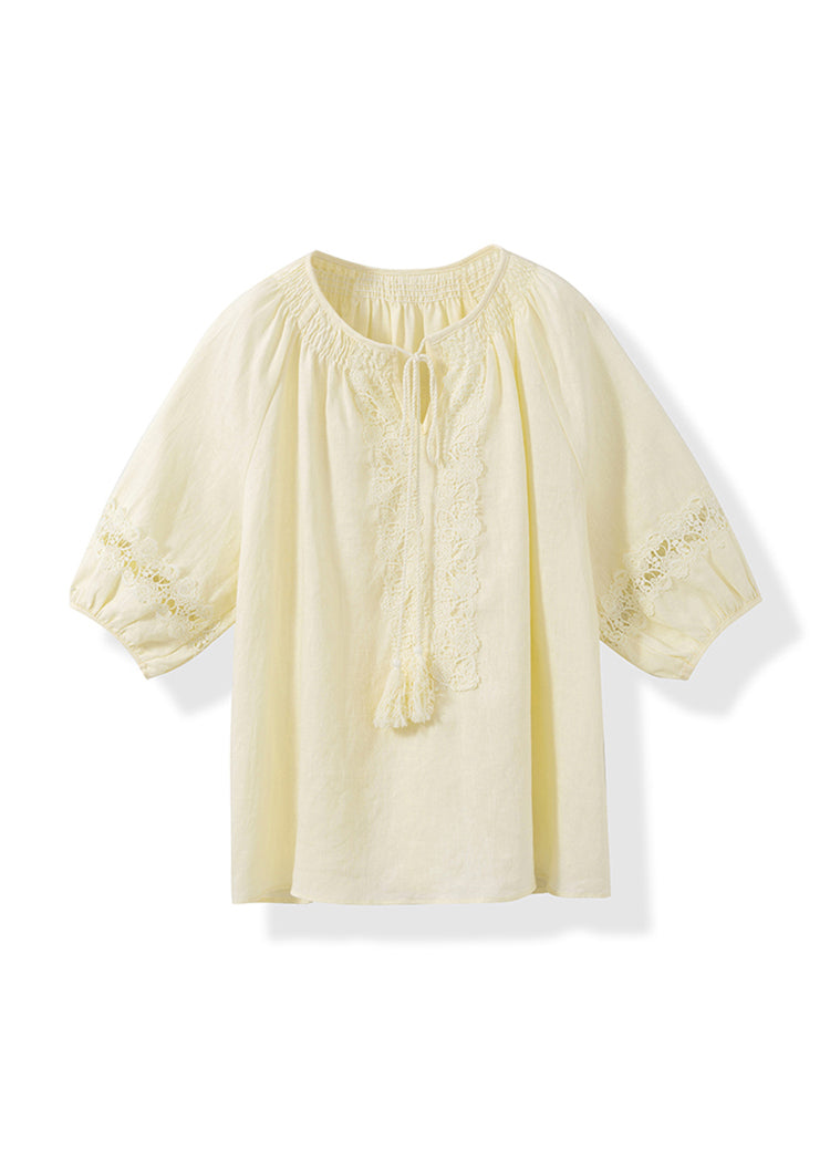 Yellow O Neck Patchwork Cotton Shirt Top Summer