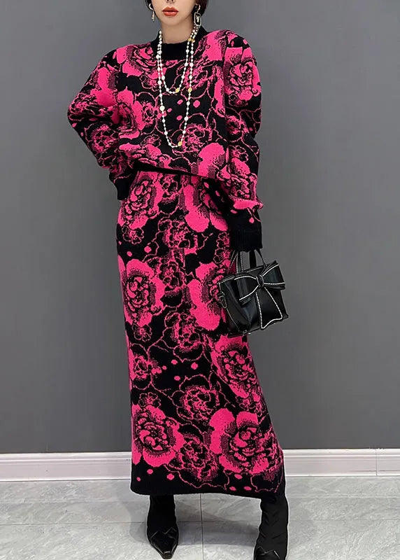 Slim Fit Rose O-neck Print Top and Maxi Skirts Two Piece Set Fall