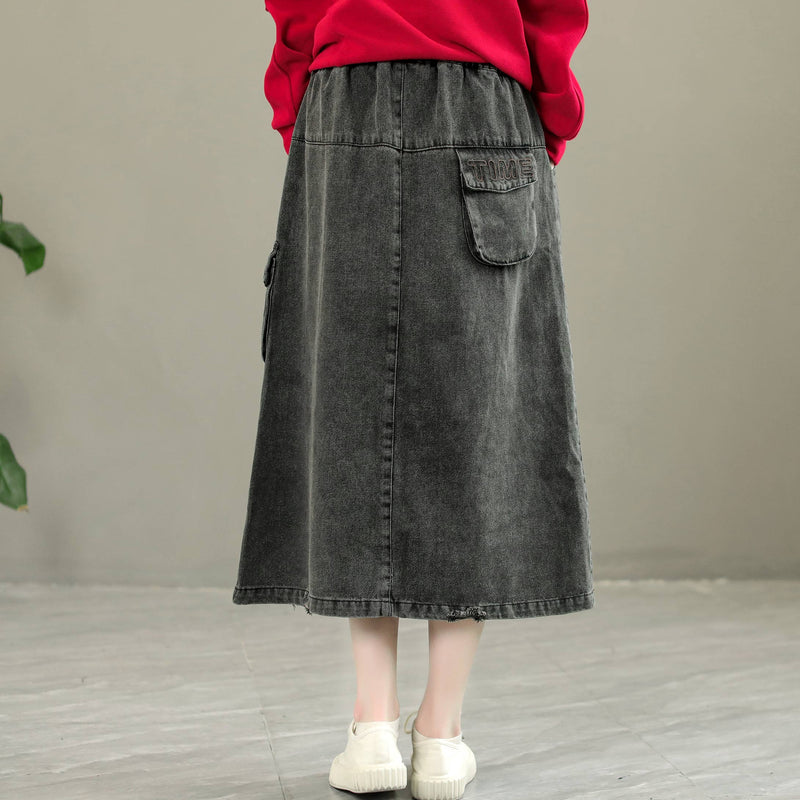 Early Autumn Retro Letter Embroidery Denim Skirt