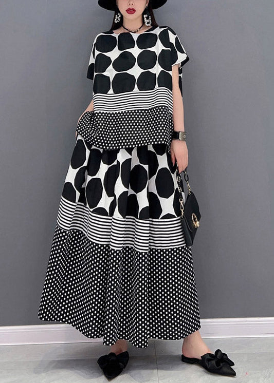 Loose Grey O-neck Dot Print Chiffon Tops and Skirts Two Pieces Set Short Sleeve
