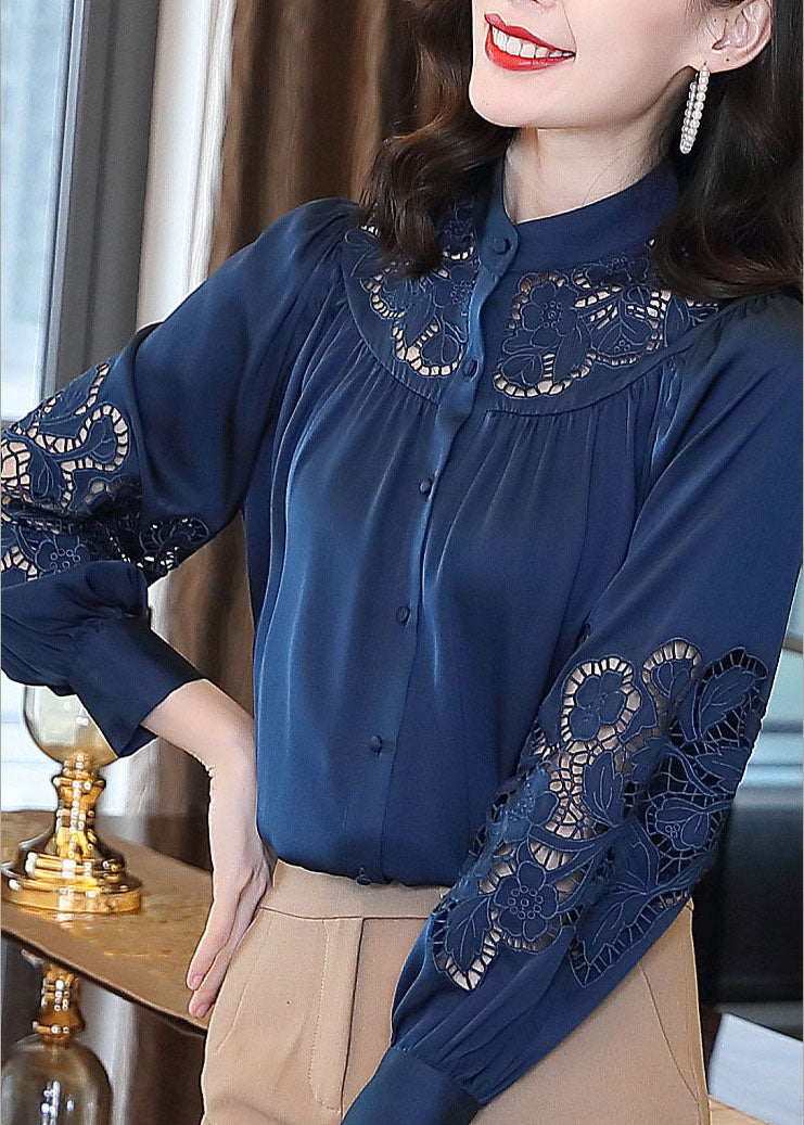 Classy Blue Stand Collar Button Hollow Out Embroidered Silk Blouses Spring