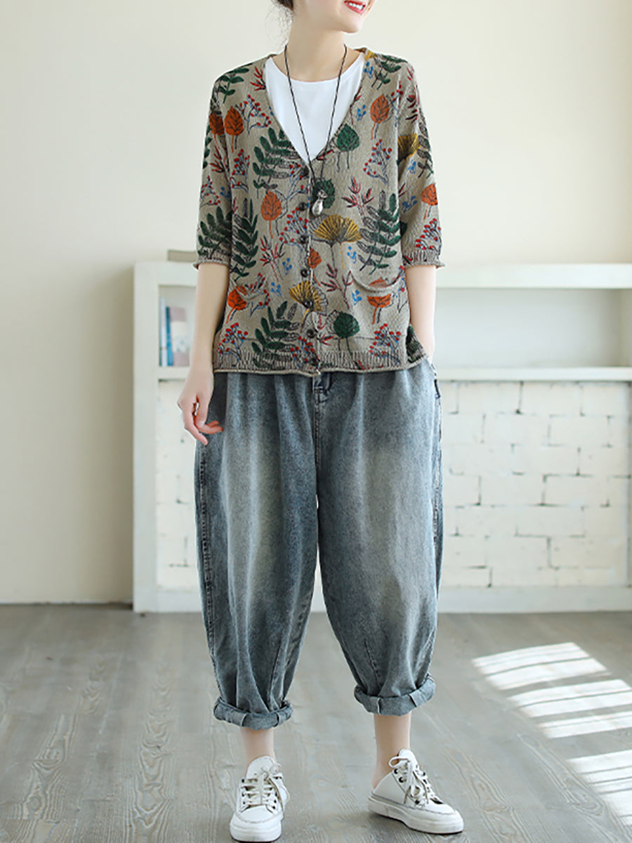 - Leaf Printed Half Sleeve Knitted Shirt