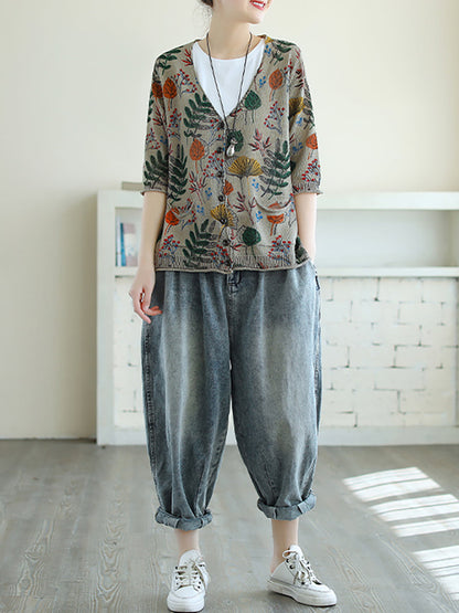 - Leaf Printed Half Sleeve Knitted Shirt