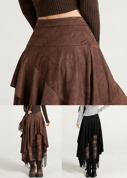 Stylish Coffee Asymmetrical Lace Faux Suede Skirts Fall