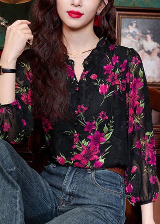 Black Ruffled Print Button Chiffon Shirt Long Sleeve
