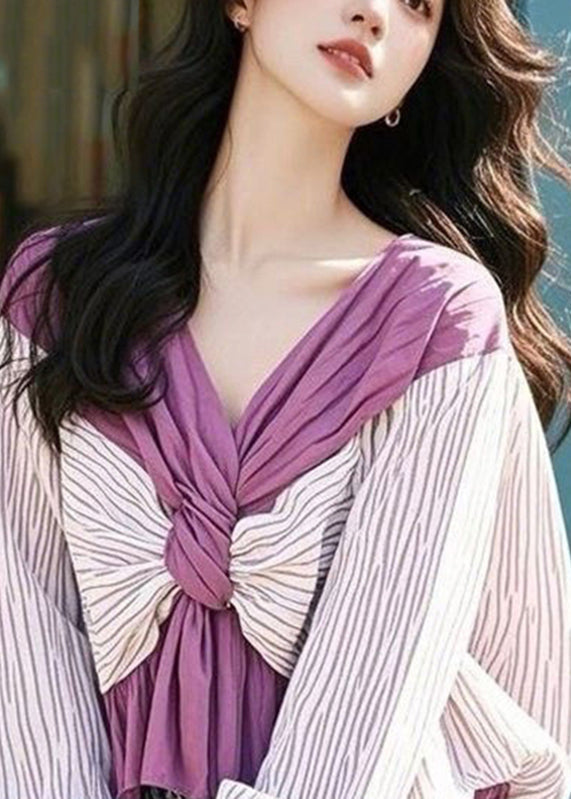 Colorblock V Neck Striped Wrinkled Shirt Puff Sleeve