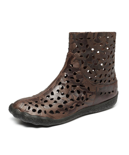 Coffee Hollow Out Zippered Splicing Cowhide Leather Boots