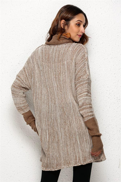 Spliced Turtleneck Loose Pullover Sweater - Black