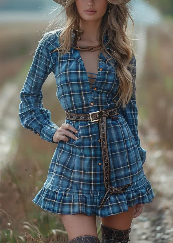 Blue Ruffled Plaid Cotton Short Dress Spring