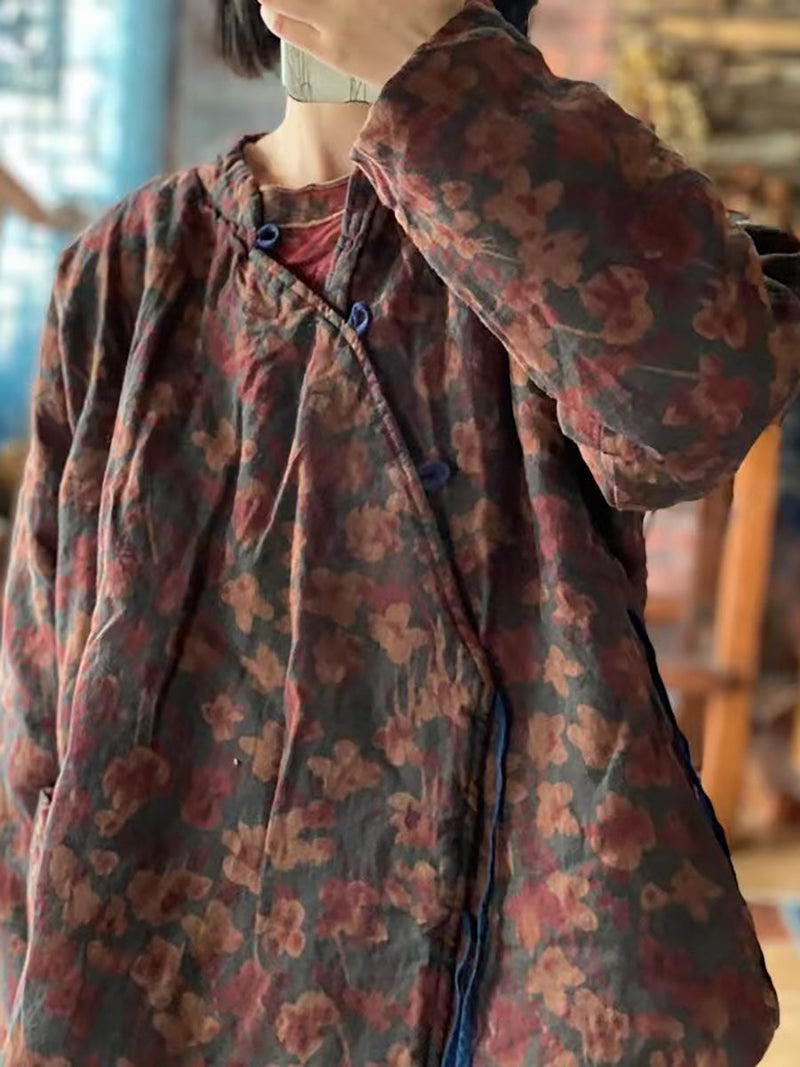 Stand Collar Print Pure Linen Loose Padded Coat