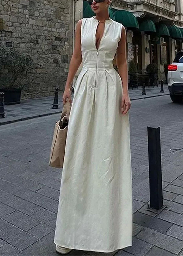 Green Round Collar Sleeveless Pleated Slim Maxi Dress