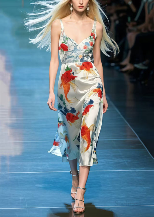 Koi Fish Print Draping Silk Cami Dresses Summer
