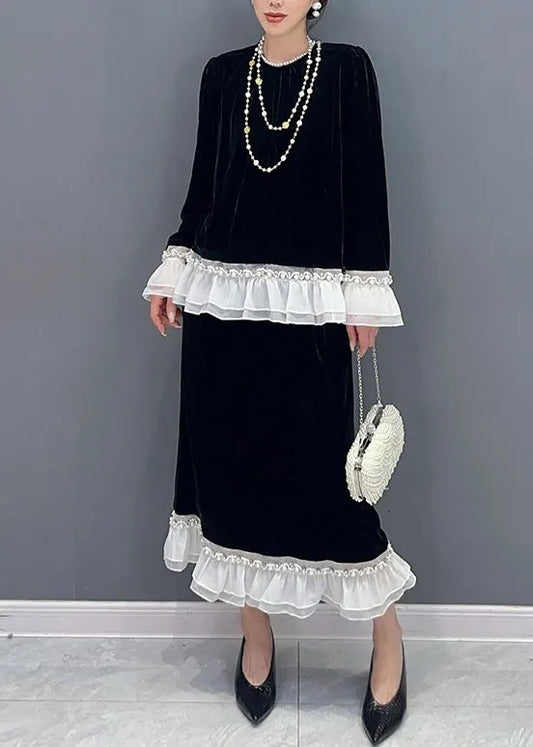 Classy Black O-neck Ruffled Tops and Skirts Velour Two Pieces Set Fall