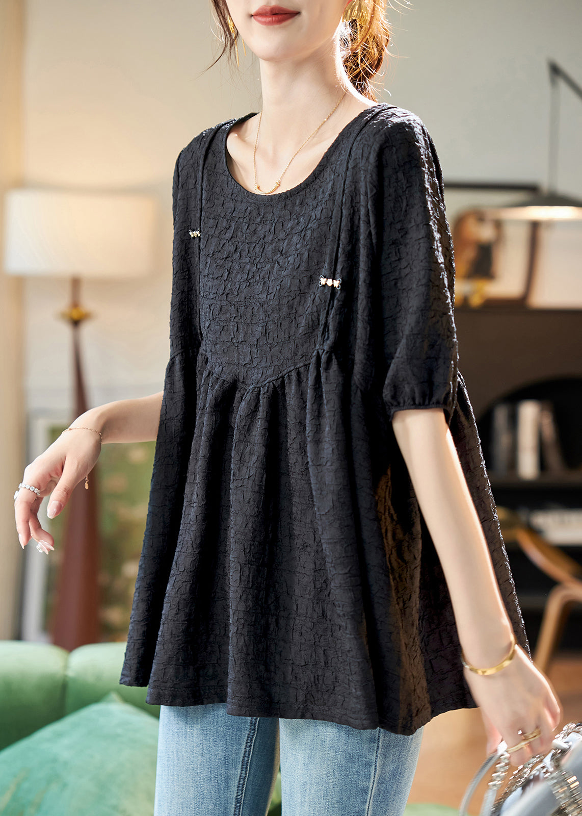 Simple Black O-neck Patchwork Chiffon T Shirts Summer