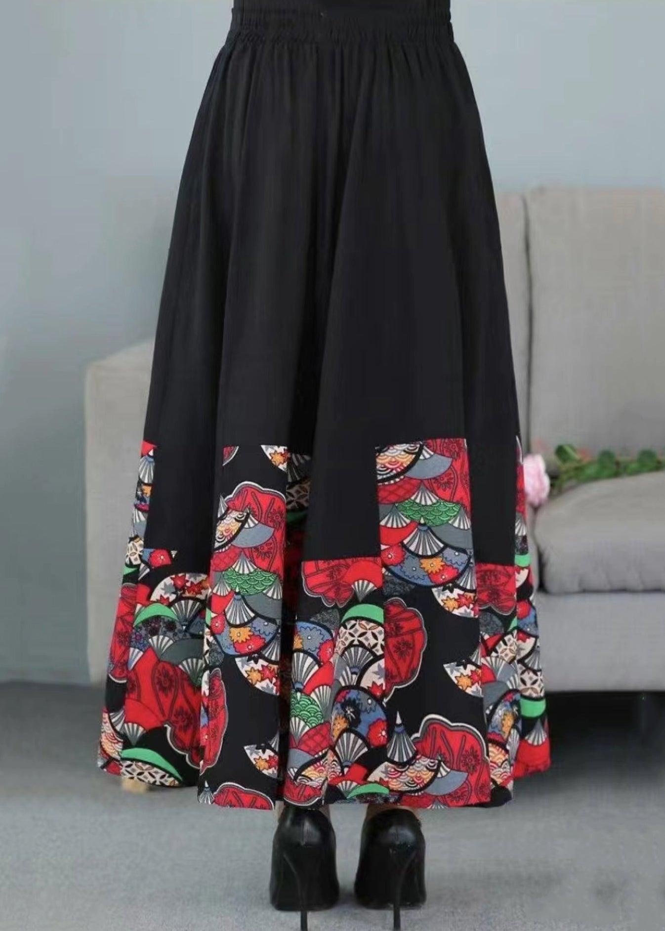 Black Print Elastic Waist Patchwork Cotton Skirts Fall
