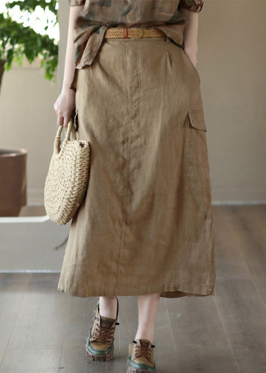 Classy Khaki Patchwork High Waist Linen a Line Skirts Summer
