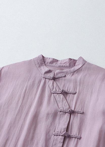 Purple Chinese Button Side Open Cotton Dresses Summer