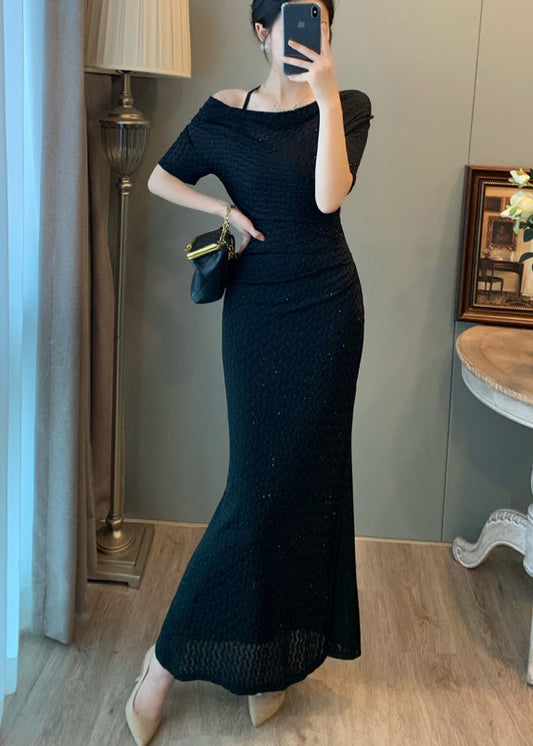 Black Slash Neck Silm Fit Long Dress Summer