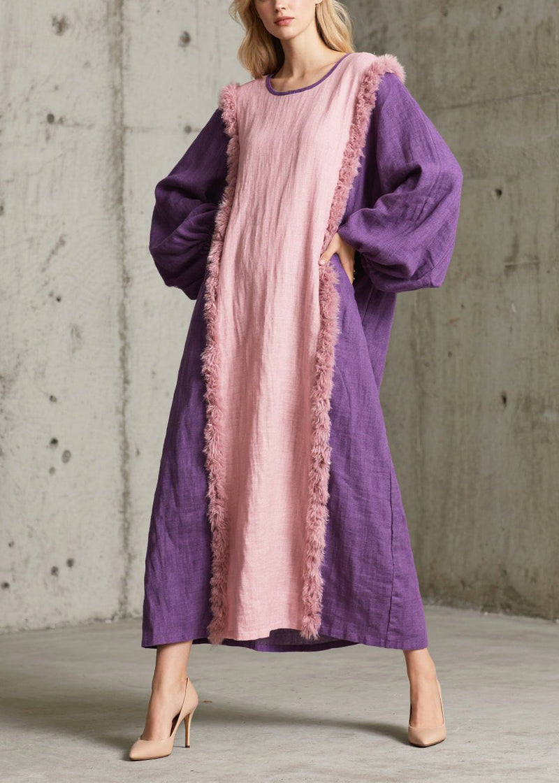 Art Colorblock Oversized Patchwork Faux Fur Dresses Fall