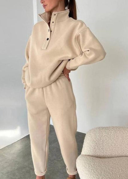 Apricot Stand Collar Button Tops and Pants Two Pieces Set Fall