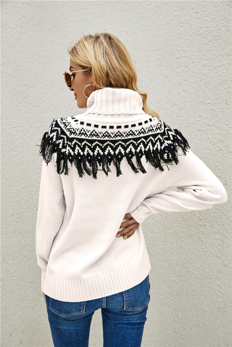 Embroidered Fringe Turtleneck Sweater