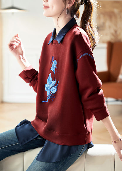 Red O-neck Embroidered Cotton Sweatshirt Spring