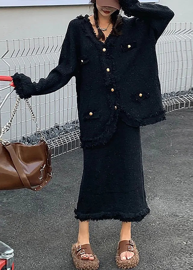 Black V Neck Knit Cardigans and Skirts Two Piece Set Winter