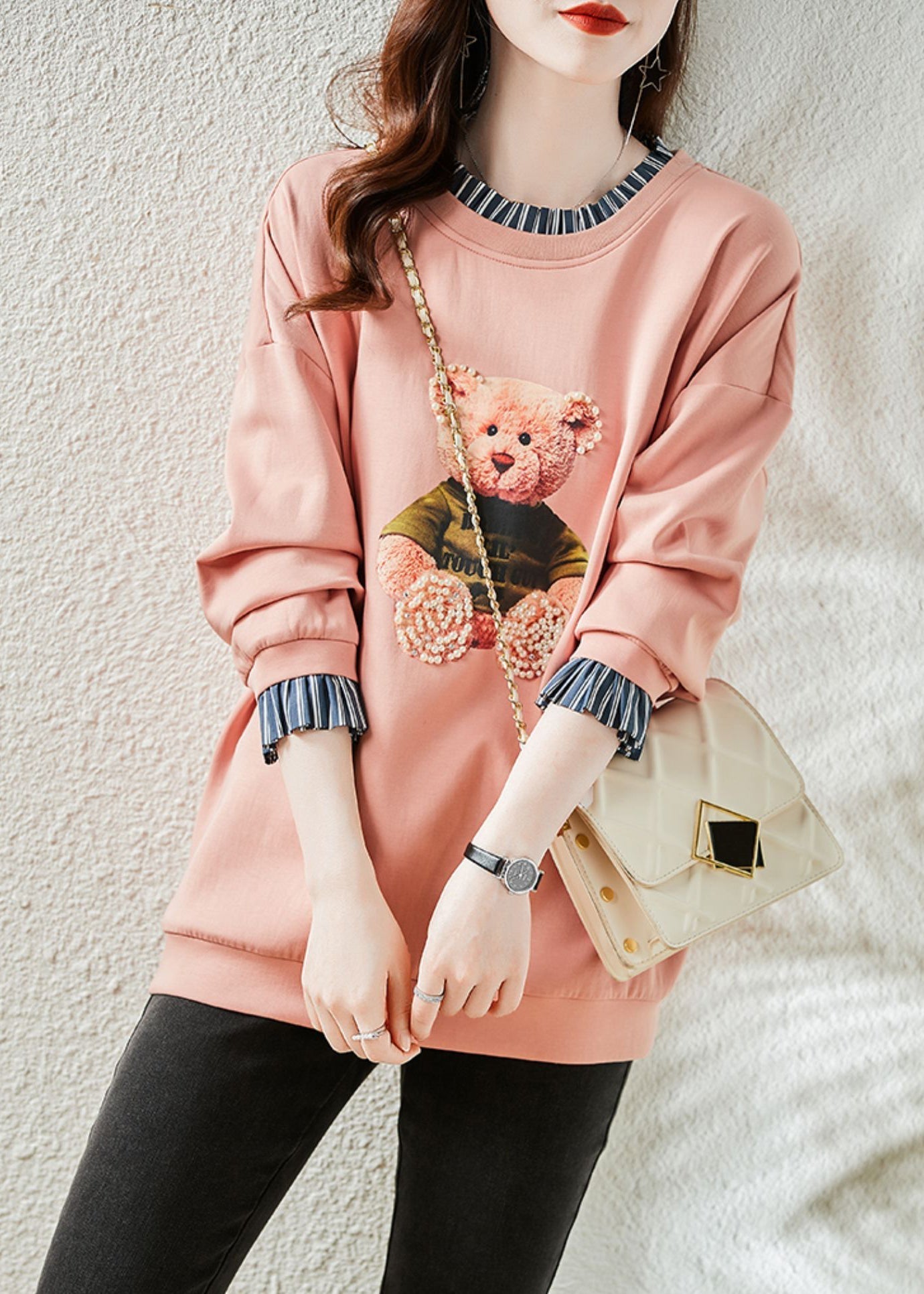 Pink Bear Patchwork Warm Fleece Sweatshirts Top Winter