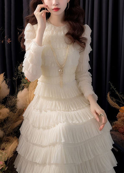 Italian White High Waist Chiffon Dresses Long Sleeve