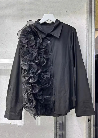 Loose Black Ruffled Button Patchwork Cotton Shirt Spring