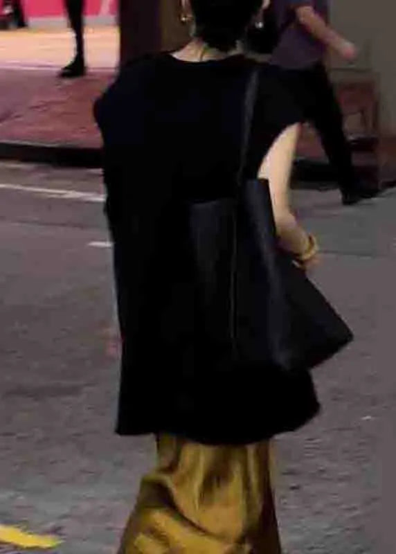 Italian Black Tops and Gold Skirts Side Open Patchwork Silk Two Piece Set Summer