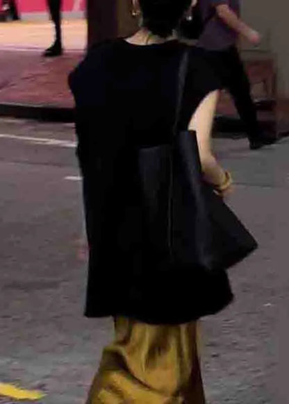 Italian Black Tops and Gold Skirts Side Open Patchwork Silk Two Piece Set Summer