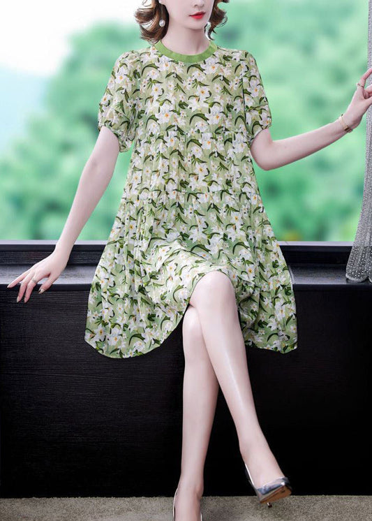 Natural Green O-neck Cinched Print Dress Short Sleeve