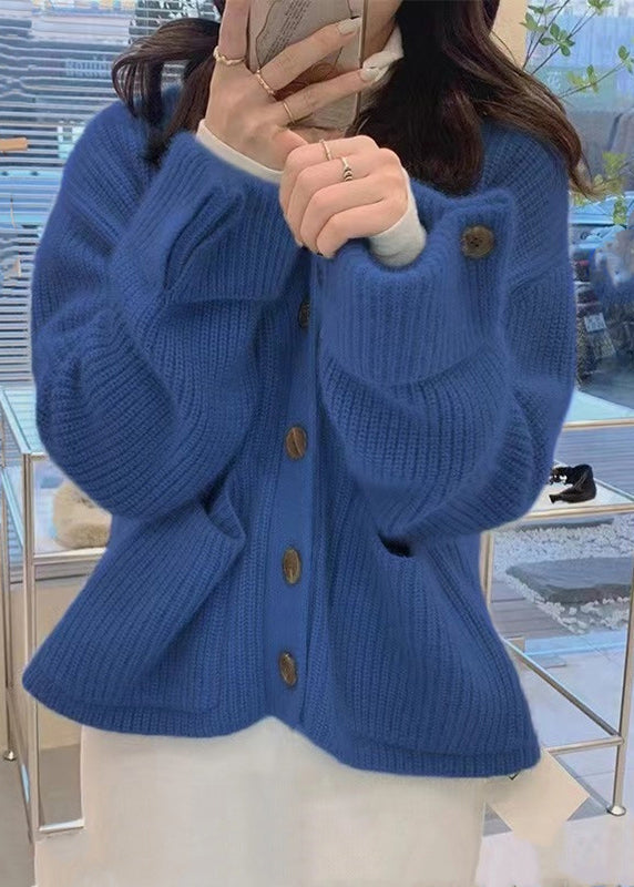 Blue V Neck Pockets Button Knit Coats Fall