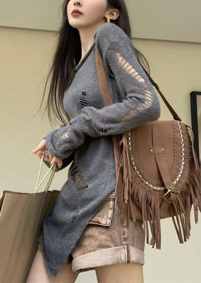 Grey Asymmetrical Hollow Out Knit Sweater Spring