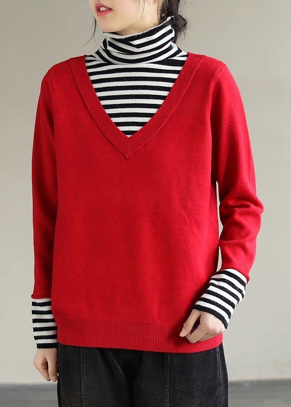 Cozy Red Sweaters Patchwork High Neck Blouse
