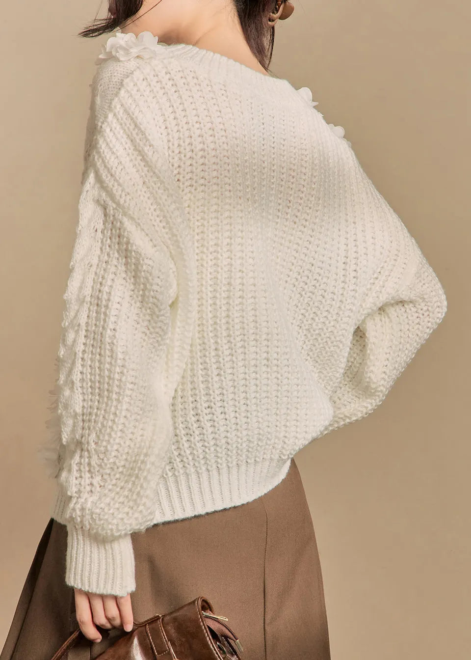 White V Neck Hollow Out Knit Sweaters Winter