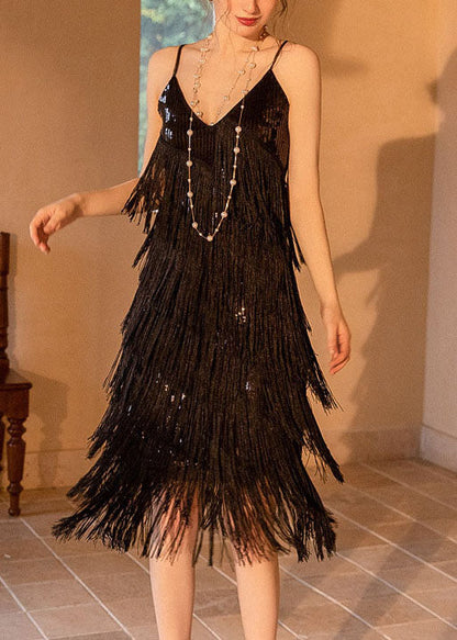 Black Tasseled Sequins Spaghetti Strap Dress Summer