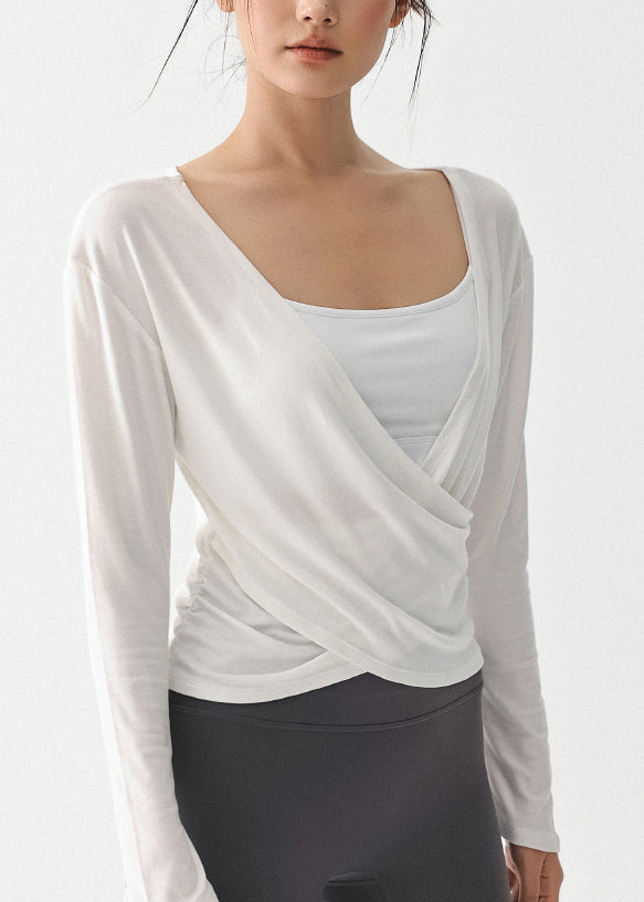 White V Neck Wrinkled Slim Yoga Tops