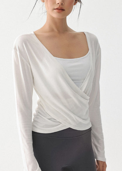 White V Neck Wrinkled Slim Yoga Tops