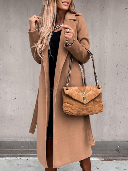 Coats Simple Lapel Belted Long Sleeve Woolen Coat