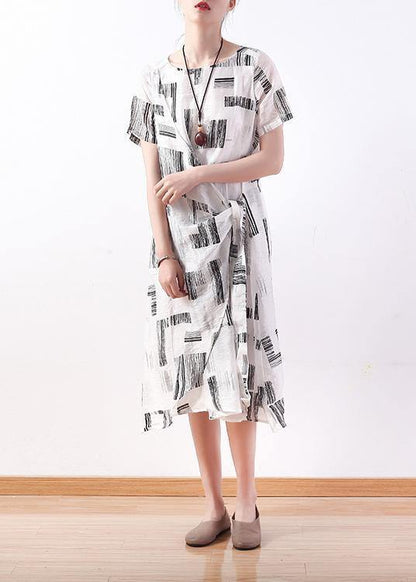 Italian White Prints Linen Dresses Asymmetric Loose Summer Dress
