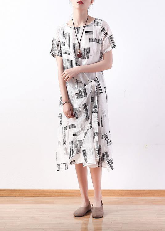 Italian White Prints Linen Dresses Asymmetric Loose Summer Dress