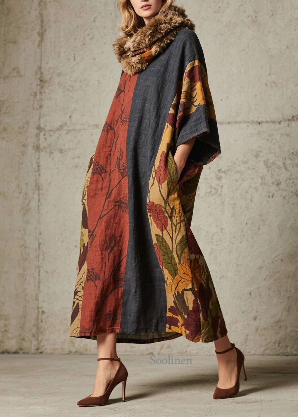 Colorblock Print Pockets Cotton Long Dress Fall