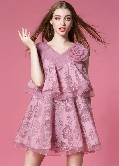 Italian Pink V Neck Organza Vacation Dress Sleeveless